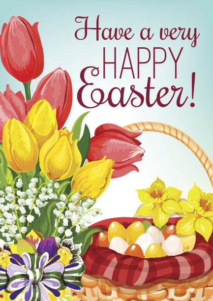 装有鸡蛋和鲜花贺卡的复活节篮子图片下载