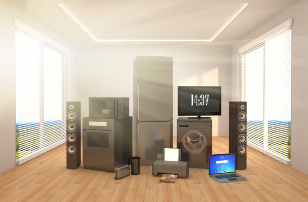 家用电器。煤气灶、电视影院、冰箱、微波炉、笔记本电脑和洗衣机。三维演示图片下载