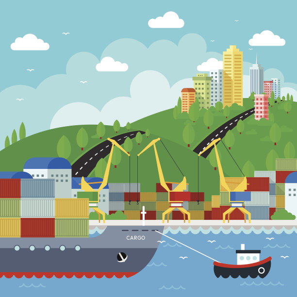 商业码头采用扁平化设计。矢量图图片下载