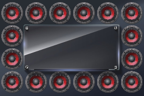 音频扬声器，低音炮，带有红色扩散器的扬声器墙隔离在黑暗的背景上图片下载