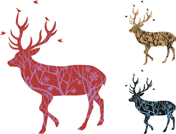 圣诞鹿与鸟类，向量素材图片