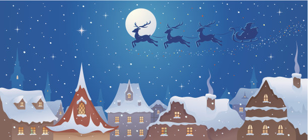 圣诞老人的雪橇在城镇上空图片下载