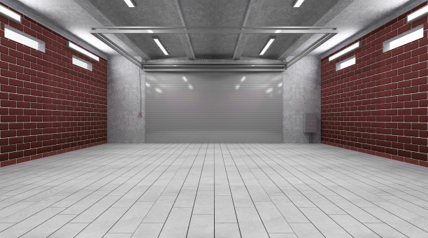 3D车库内部，有一个卷帘门和砖墙图片下载