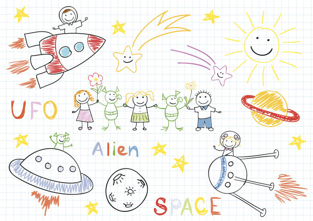 矢量素描与快乐的孩子和外星人图片下载