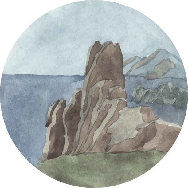 明亮的水彩夏季景观与海和山。向量图片下载