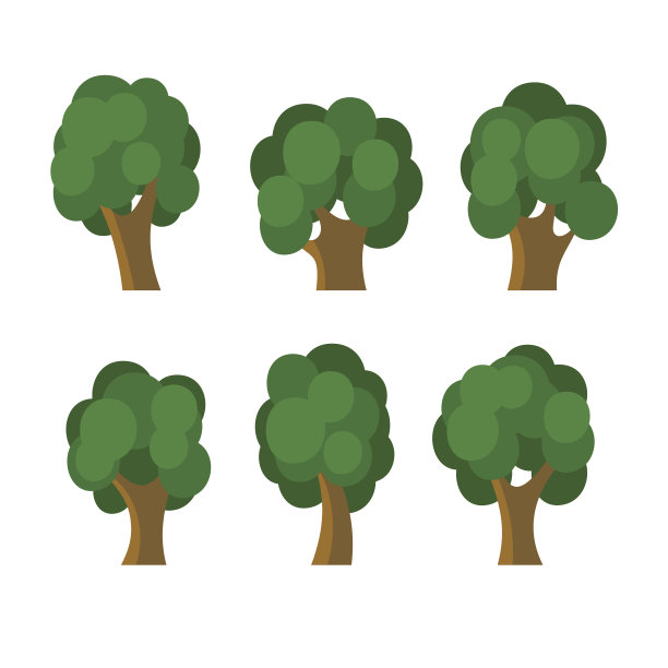 一组不同的绿树图标。向量图片下载