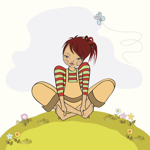 浪漫的女孩赤脚坐在草地上图片下载