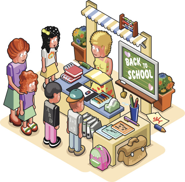 小学生和店员站在文具店前图片下载