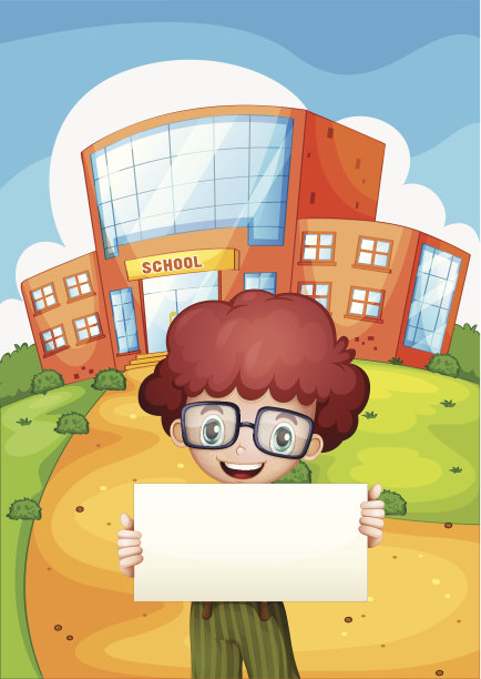 一个拿着空牌子的男孩站在学校前面图片下载