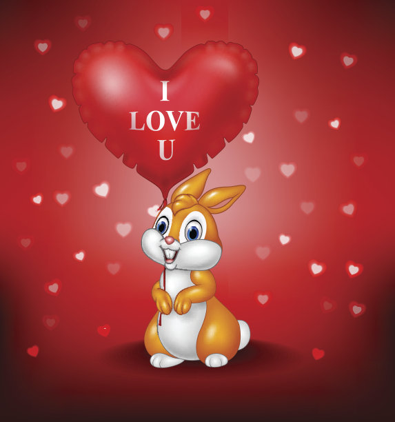 卡通兔子拿着红色的心气球图片下载