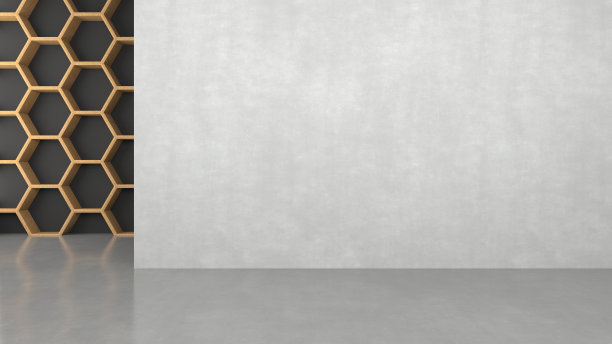 空白的深色混凝土墙，六角形图案背景，明亮的光线从入口。3 d渲染。图片下载