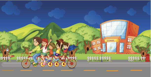 家庭自行车在学校前面图片下载