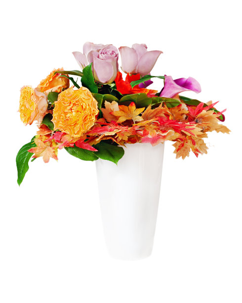 花束排列中心，在白色花瓶孤立。图片下载