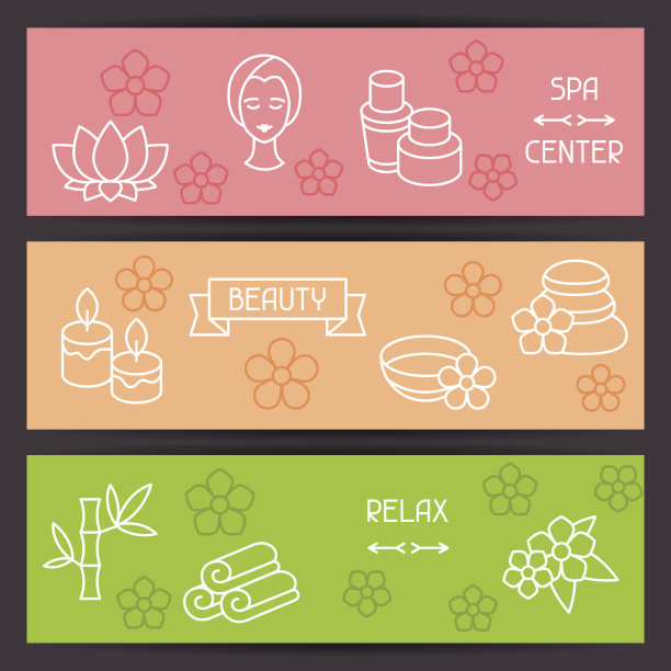 水疗和娱乐横幅与图标在线性风格图片下载