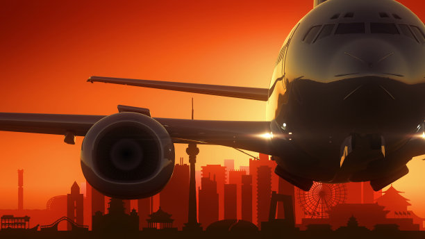 北京中国飞机起飞天际线金色背景图片下载