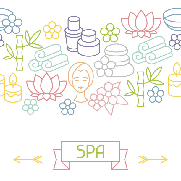 水疗和休闲无缝模式与图标在线性风格图片下载