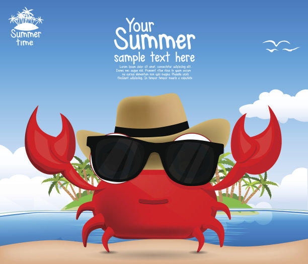 夏季背景与可爱的卡通蟹图片下载