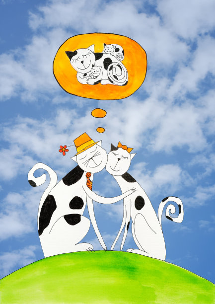 猫在恋爱，孩子在画画，水彩画在纸上图片下载