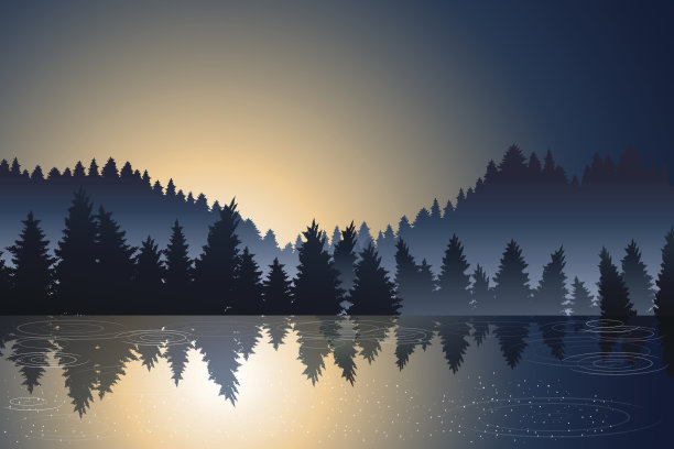 日出时的湖景和松林素材图片