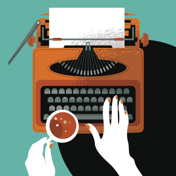 一个拿着杯子在老式打字机上打字的女人。图片下载