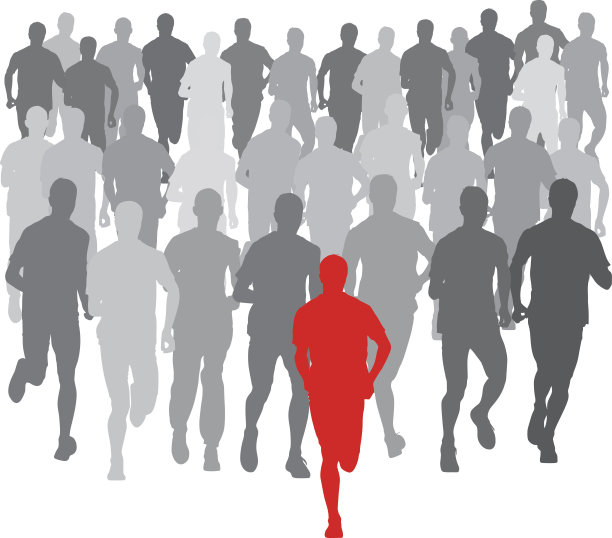 跑步者的剪影，除了一个红色的都是灰色的图片下载