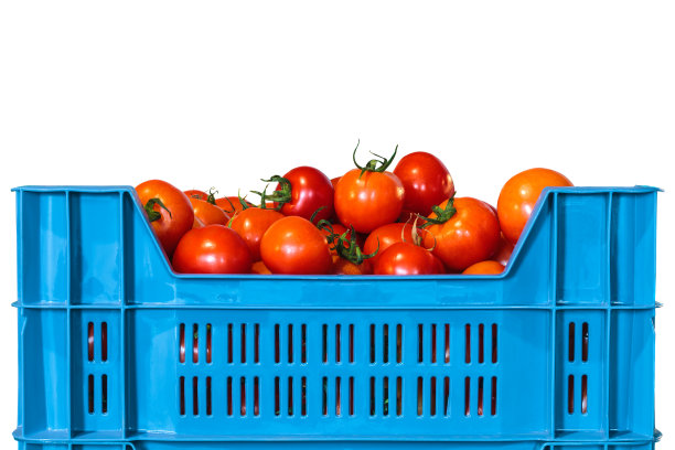 板条箱和新鲜的西红柿隔离在白色图片下载