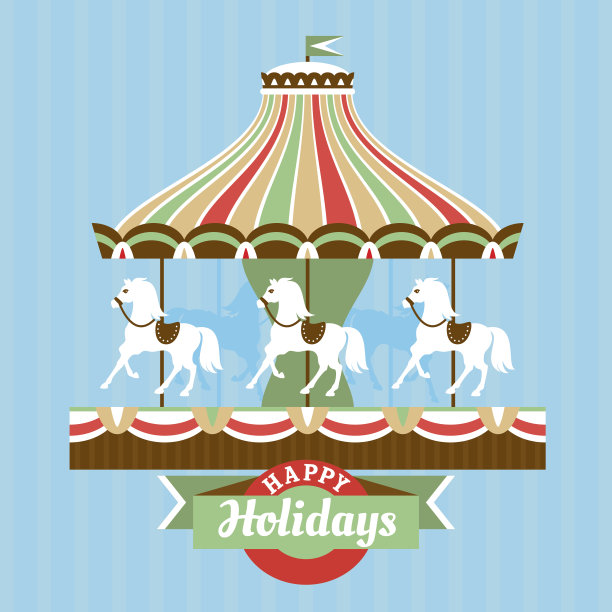 带有旋转木马和蓝色条纹背景的贺卡图片下载