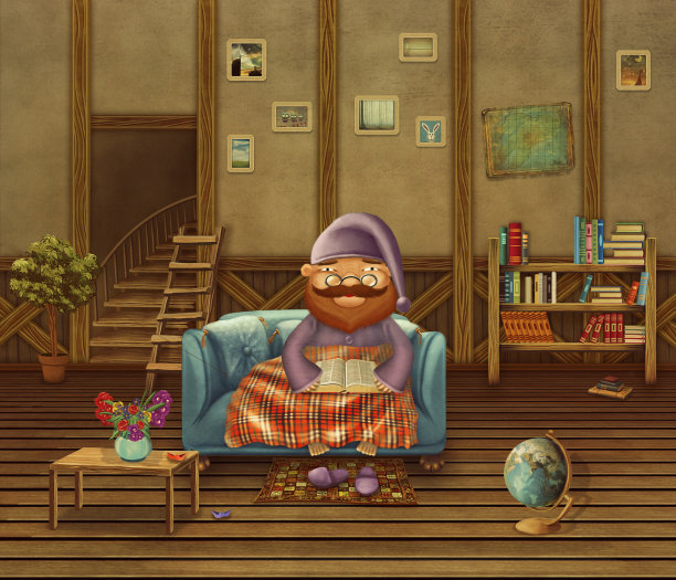 老人坐在家里沙发上的插图图片下载