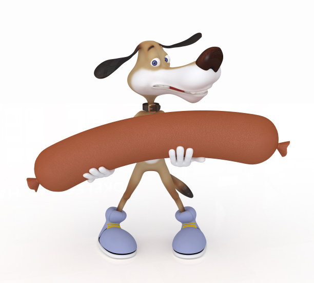 带着香肠的3D狗。图片下载