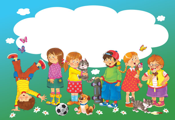 一群可爱的孩子和他们的宠物在户外玩耍。对儿童插图。有趣的卡通人物图片下载