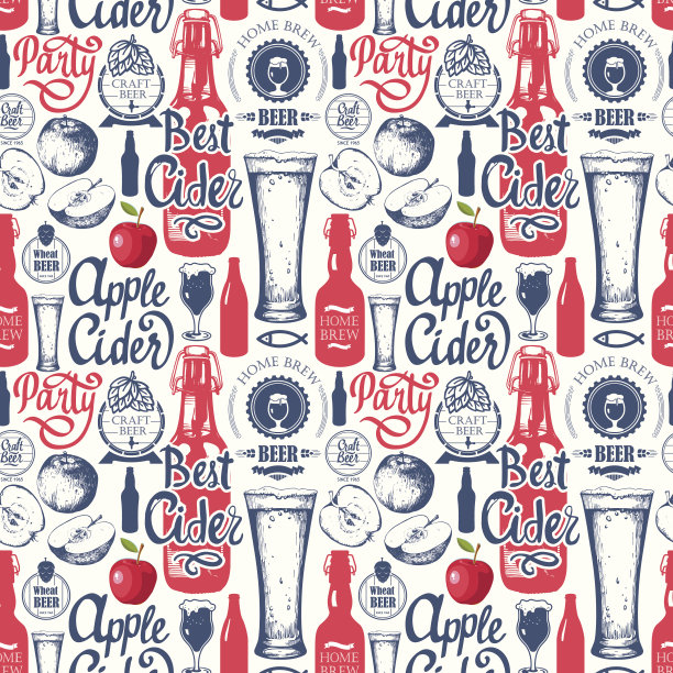 图案与啤酒，苹果酒和苹果在素描风格。无缝的素材图片