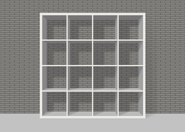 灰色砖墙背景上的白色空方形书架图片下载