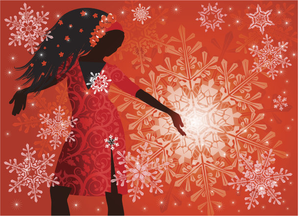 红色背景和雪花上的女孩图片下载