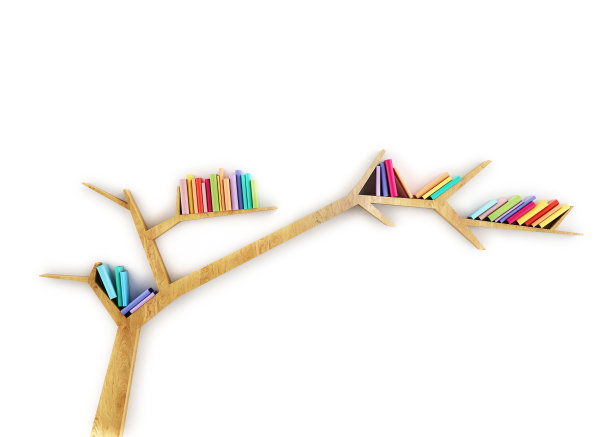 树枝形状的书架上有五颜六色的书图片下载