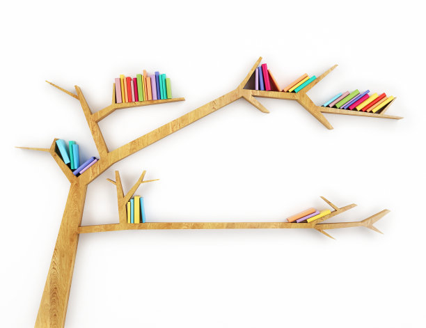 木制书架，形状像一棵树，上面有多色的书图片下载