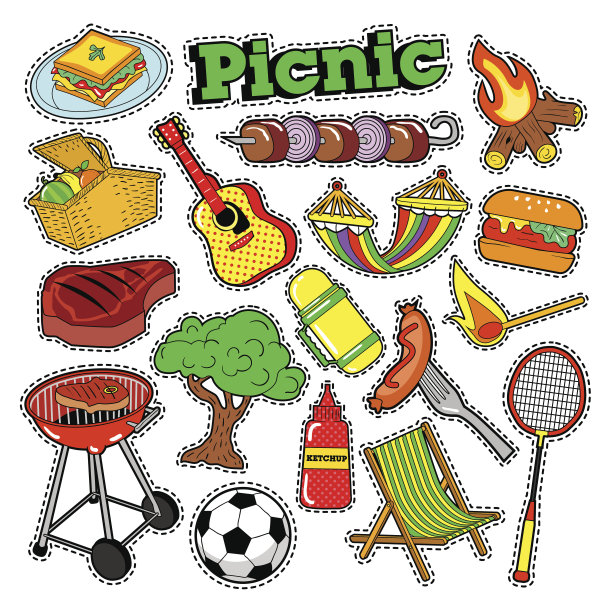 野餐烧烤涂鸦贴纸，徽章，补丁图片下载