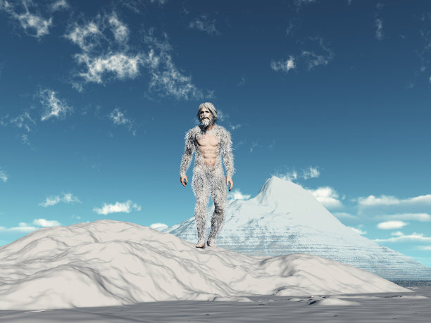 雪人在雪地上行走，背景是白雪覆盖的山图片下载