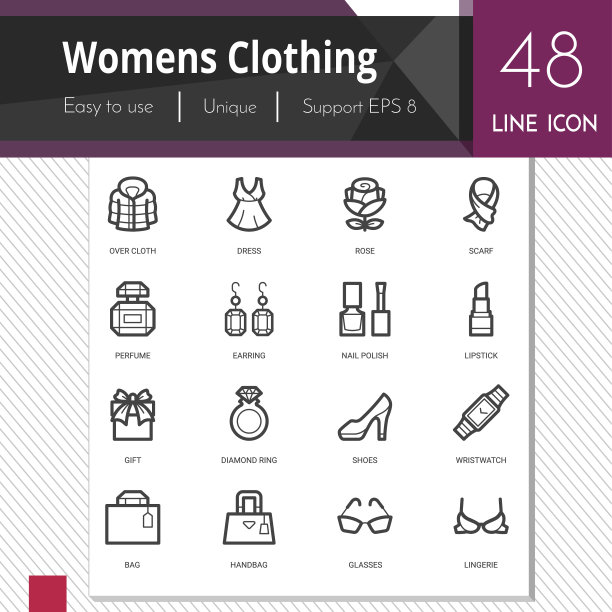 女性服装元素向量图标设置在白色背景。图片下载