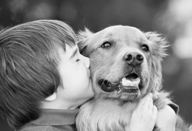 小男孩亲吻一只狗的黑白照片图片下载