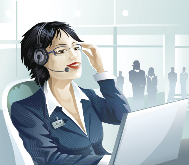 穿着蓝色西装戴着耳机在电脑前工作的商务女士。矢量插图。图片下载