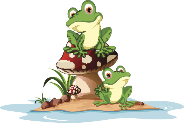 绿色的青蛙坐在蘑菇上图片下载