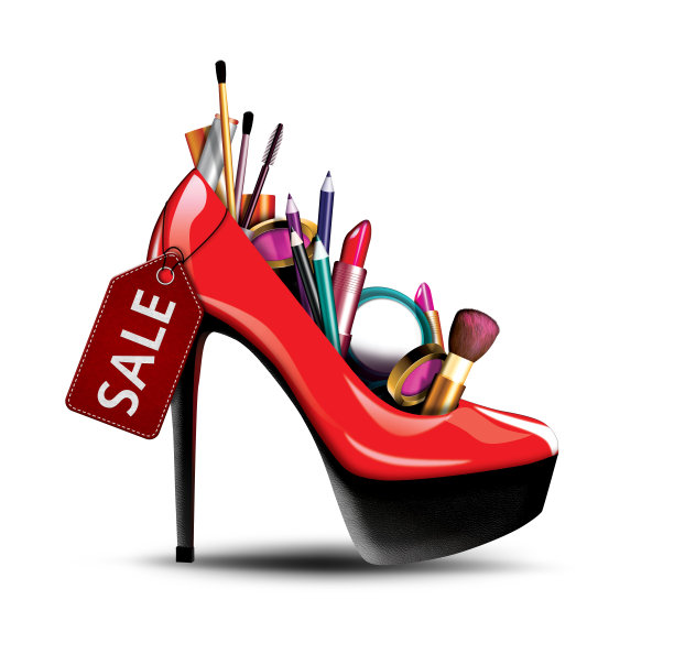 化妆品成一个女人的鞋与销售标签图片下载