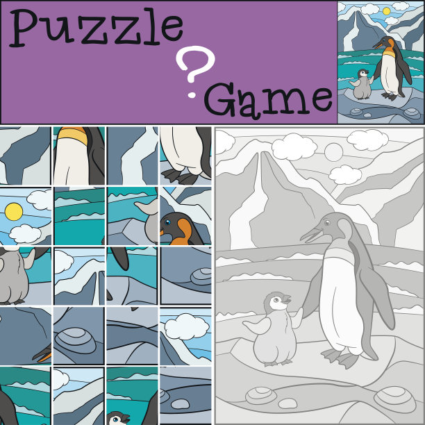 教育游戏:拼图。企鹅妈妈和她的孩子。图片下载