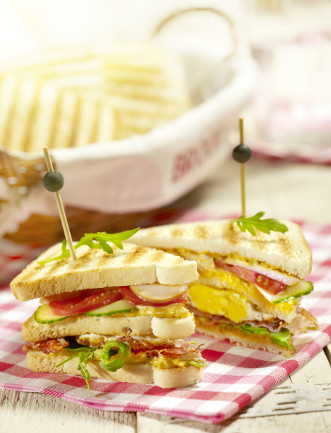 三明治，鸡蛋，西红柿，黄瓜，培根和酱汁图片下载