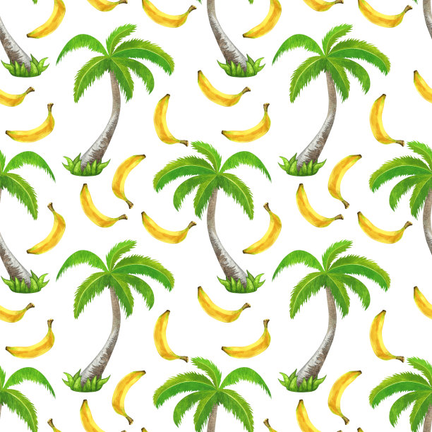 水彩无缝图案与椰子树和香蕉素材图片