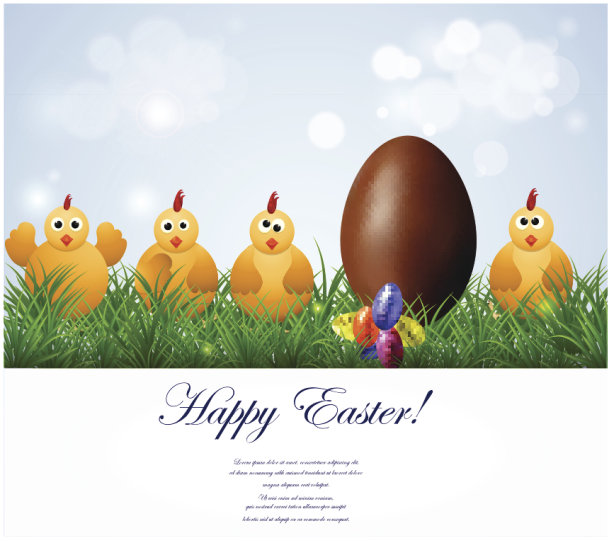 带有有趣的小鸡和巧克力蛋的复活节快乐卡片图片下载