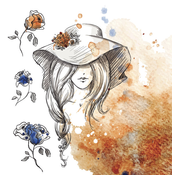 水彩背景上戴着帽子的女孩图片下载