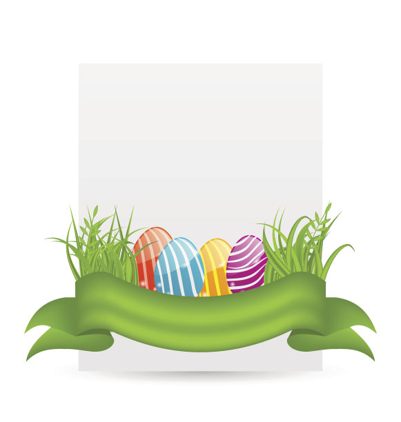 复活节彩蛋在绿色的草地上与空的纸卡图片下载