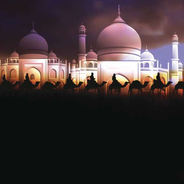 印有阿拉伯清真寺和骆驼的斋月卡里姆贺卡图片下载