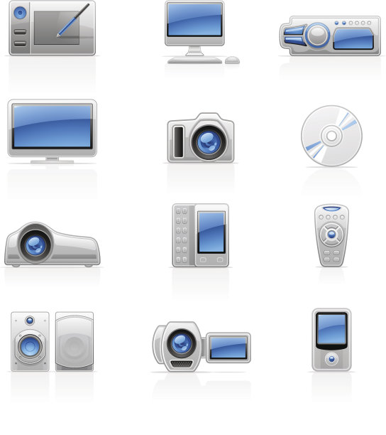 家用电器图标:视频、照片、音频、平板电脑、电视、电脑、投影仪。图片下载